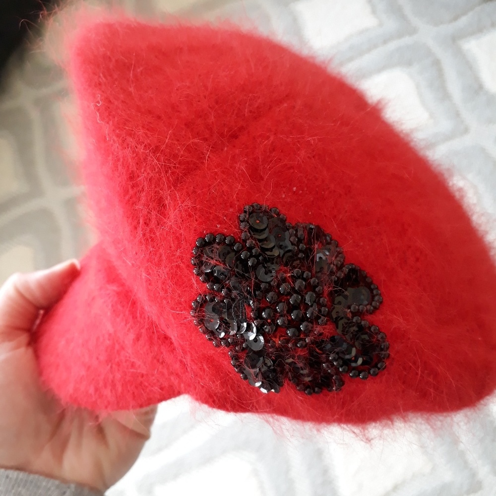 Wool Blend Sequin Flower Detail One Size Red Hat